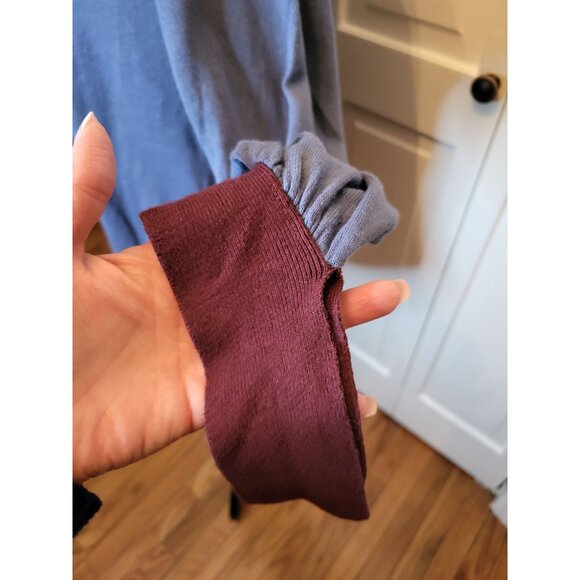 Boden Blue/Burgundy Linen Blend Tie Sweater 3/4 Sleeves L Twee Cottage Retro - Picture 7 of 9